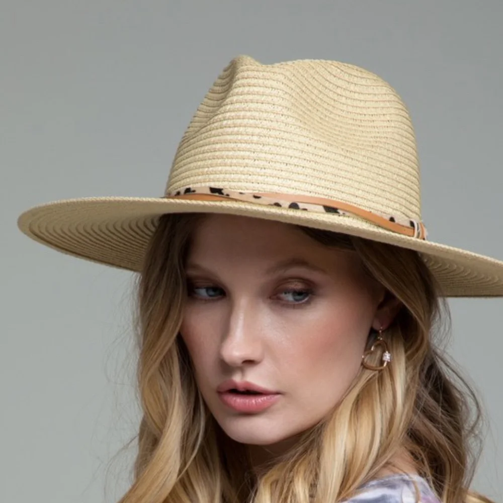 Boho Leopard Natural Trim Straw Panama Hat - Picture 8 of 9